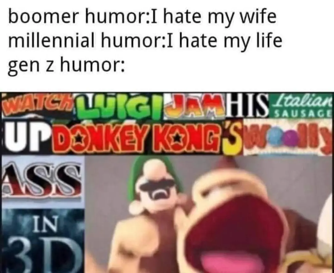 This meme is a screenshot of a scene from the 1996 film "Space Jam" where the Looney Tunes characters are watching a parody of a 90s music video. The image shows the Looney Tunes characters laughing at a music video that says "I hate it" and "I hate it" in bold letters. The text at the top of the image reads: "boomer humor: I hate it / millennial humor: I hate it too / gen z humor: I hate it I hate it I hate it".